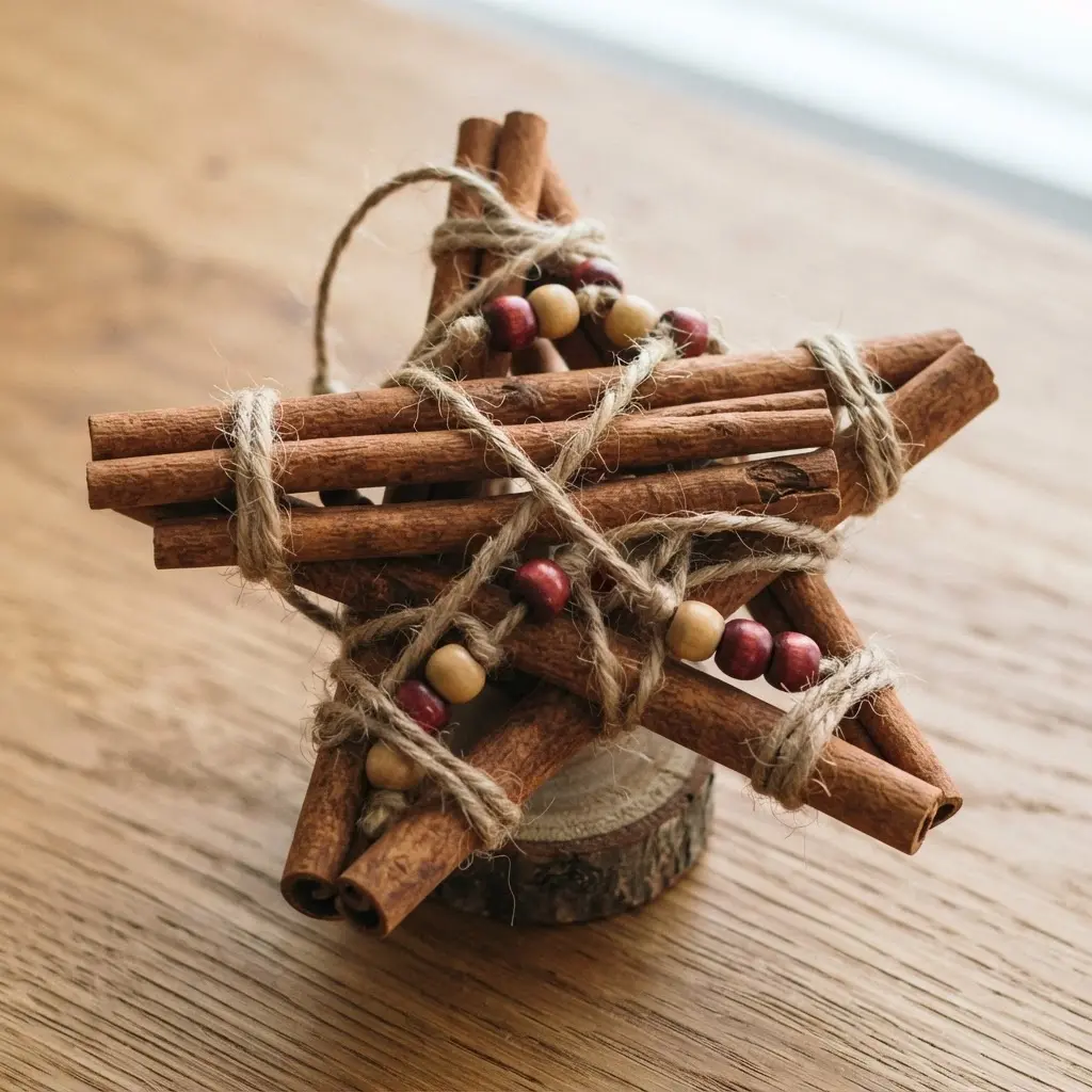Cinnamon sticks form a small star shaped tree with twine, beads, and a wooden base.