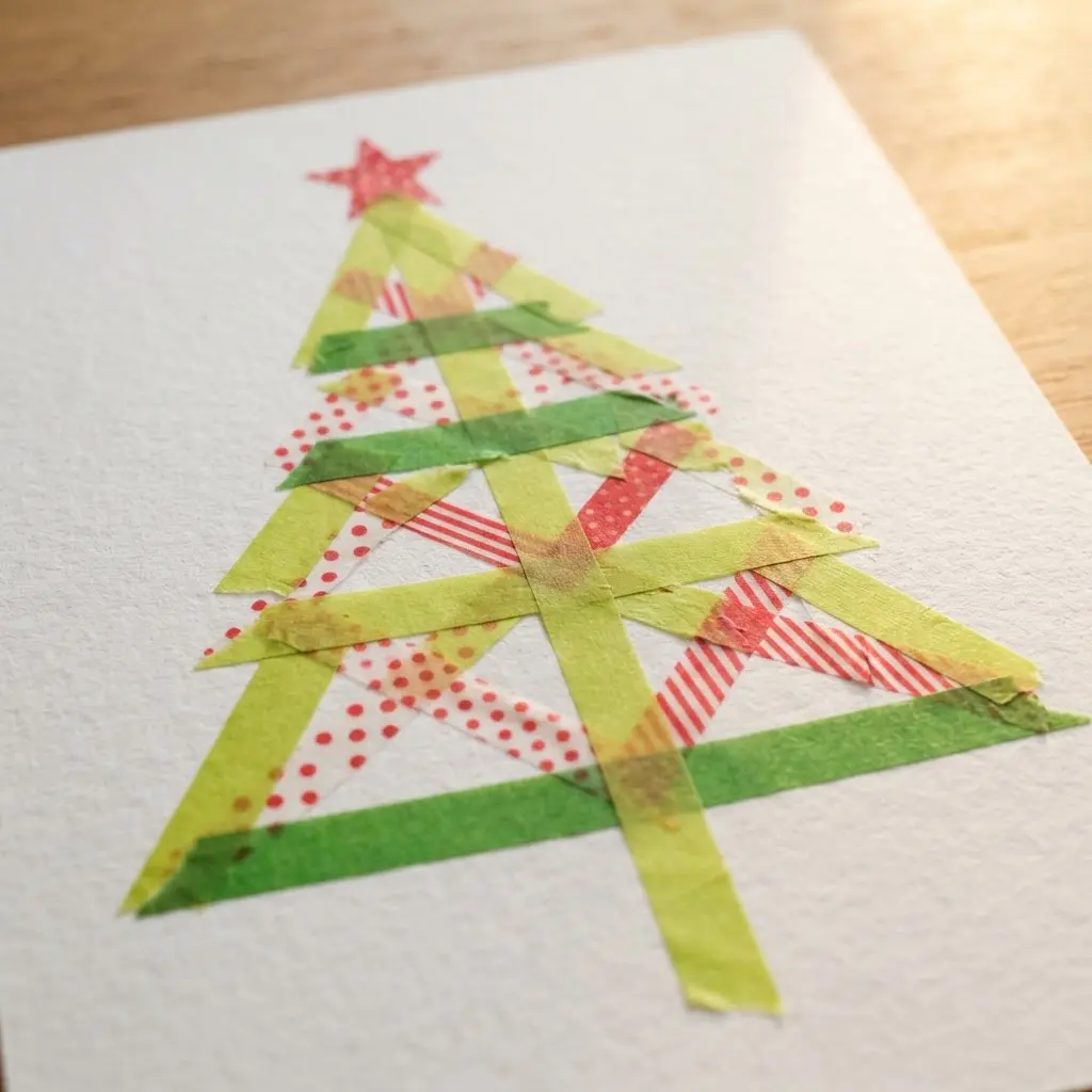 Green and red washi tape strips form a geometric Christmas tree on white paper.