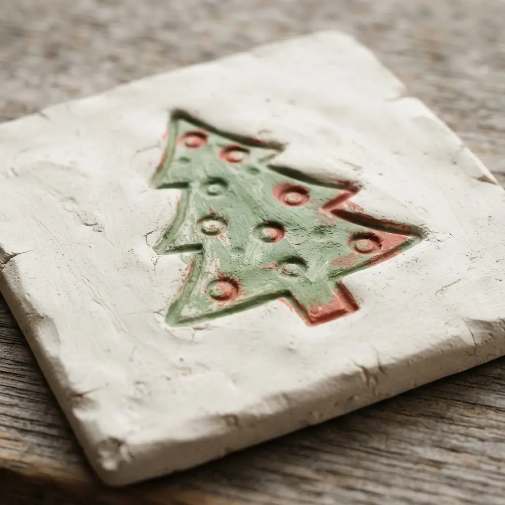 A soft clay tile displays a pressed Christmas tree shape with small circular ornament marks.