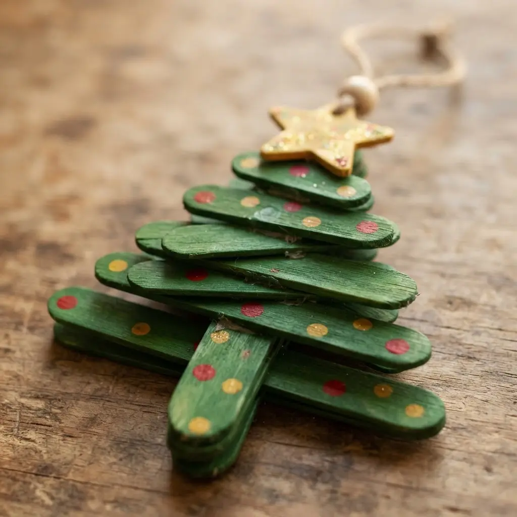 Popsicle sticks arranged as a green Christmas tree ornament with painted dots and a gold star.
