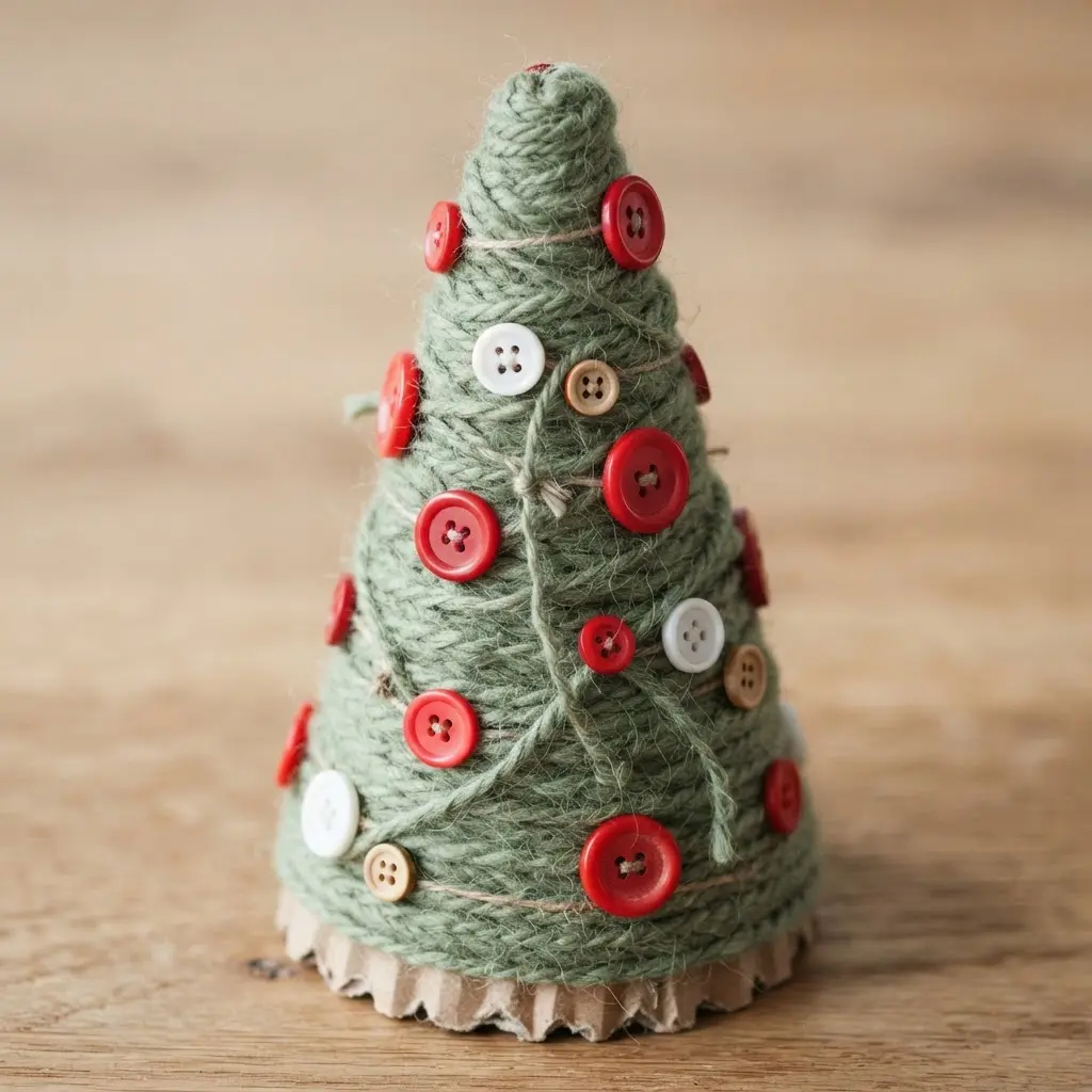 A cardboard Christmas tree wrapped in green yarn with small red and white buttons.