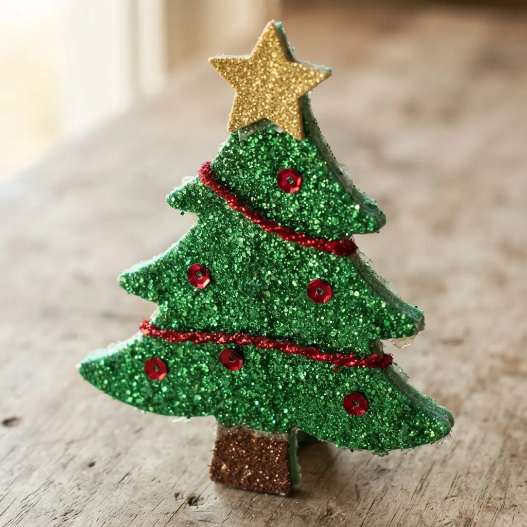 Green glitter foam cut into a Christmas tree shape with a gold star and red accents.