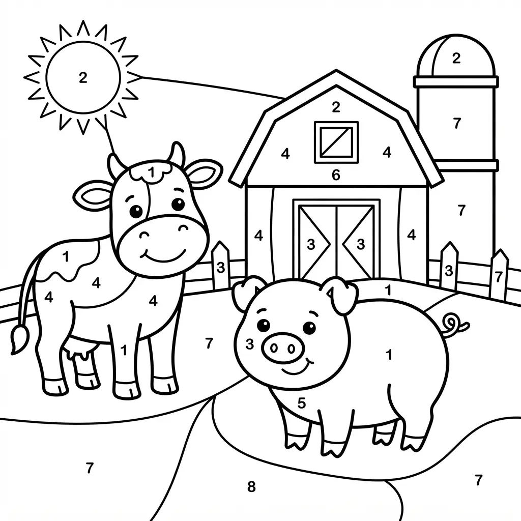 Color by number printables showing a cow, pig, and barn with bold outlines and clear numbered sections.