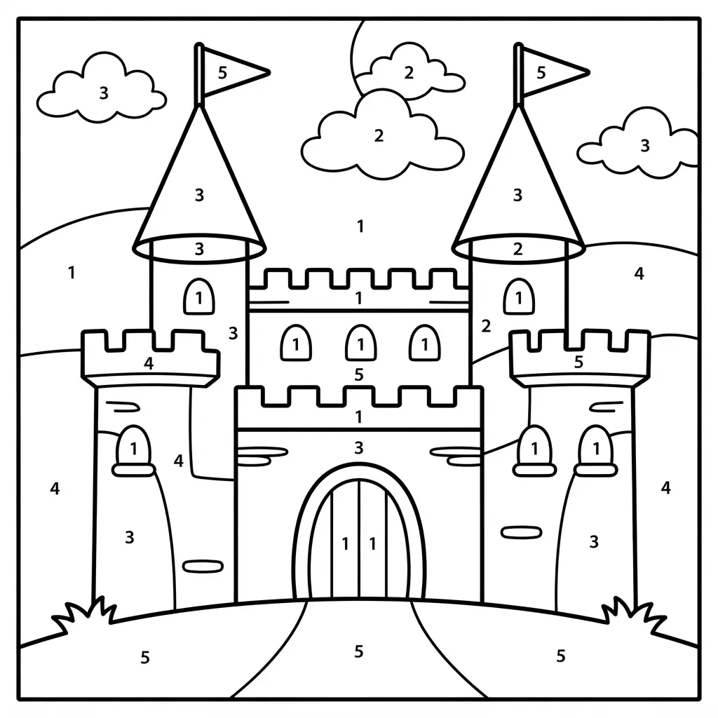 Whimsical fairy tale castle with towers, flags, clouds, and clearly separated numbered coloring sections.