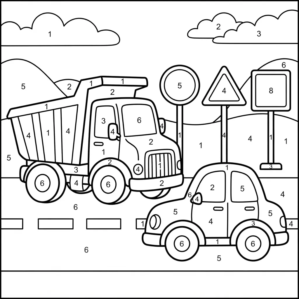 Color by number printables showing a truck, car, and road signs with thick outlines and spacious numbered areas.