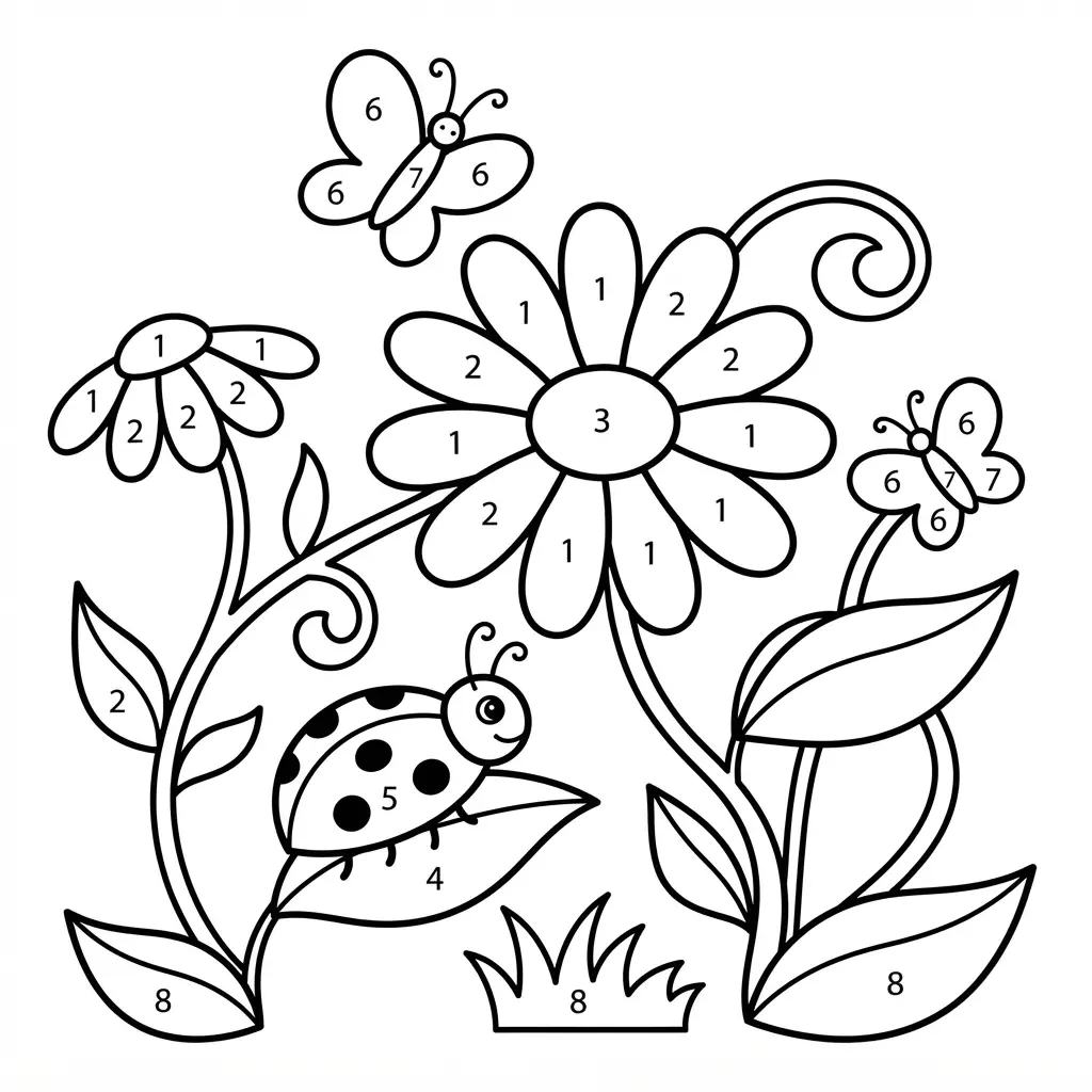Garden flower and insect scene with daisies, butterflies, and a ladybug in a simple numbered coloring layout.