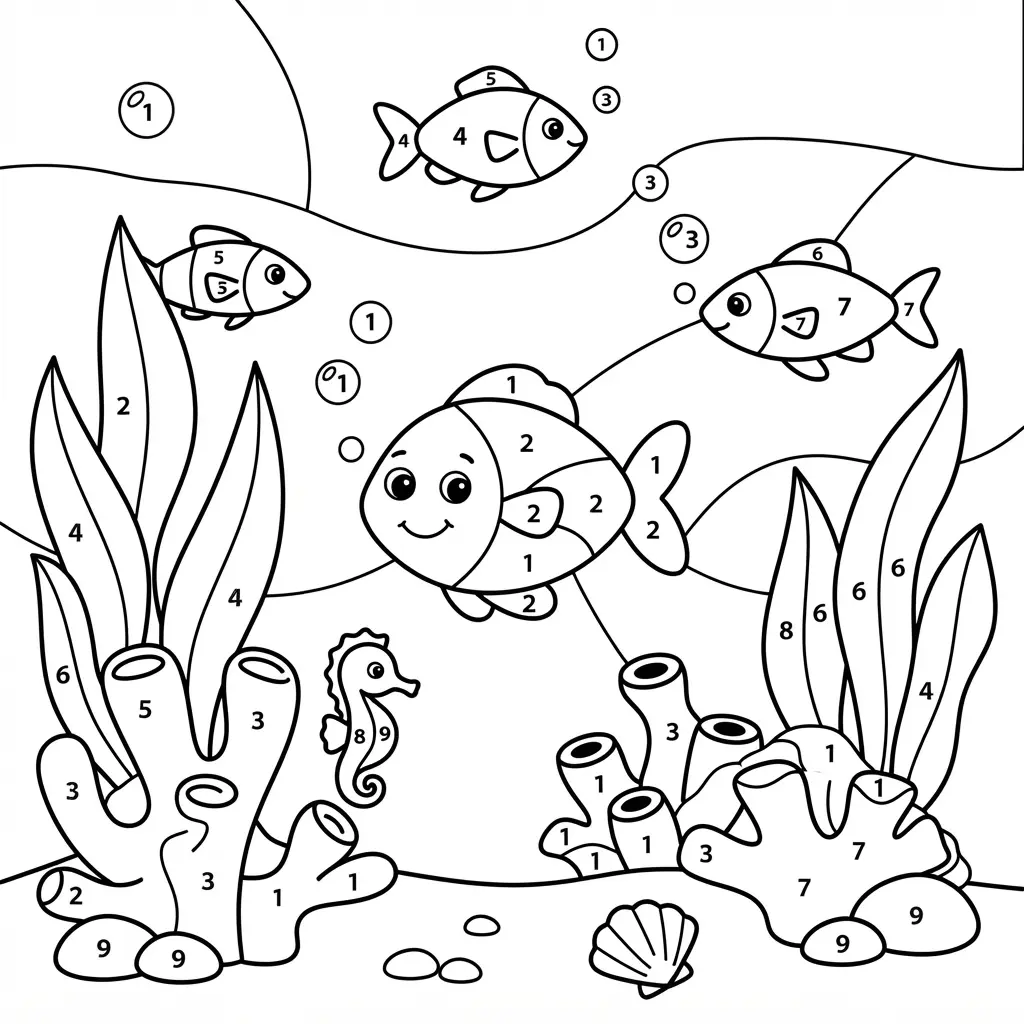 Deep sea marine life scene with fish, coral, and seaweed in a clean numbered coloring page layout.