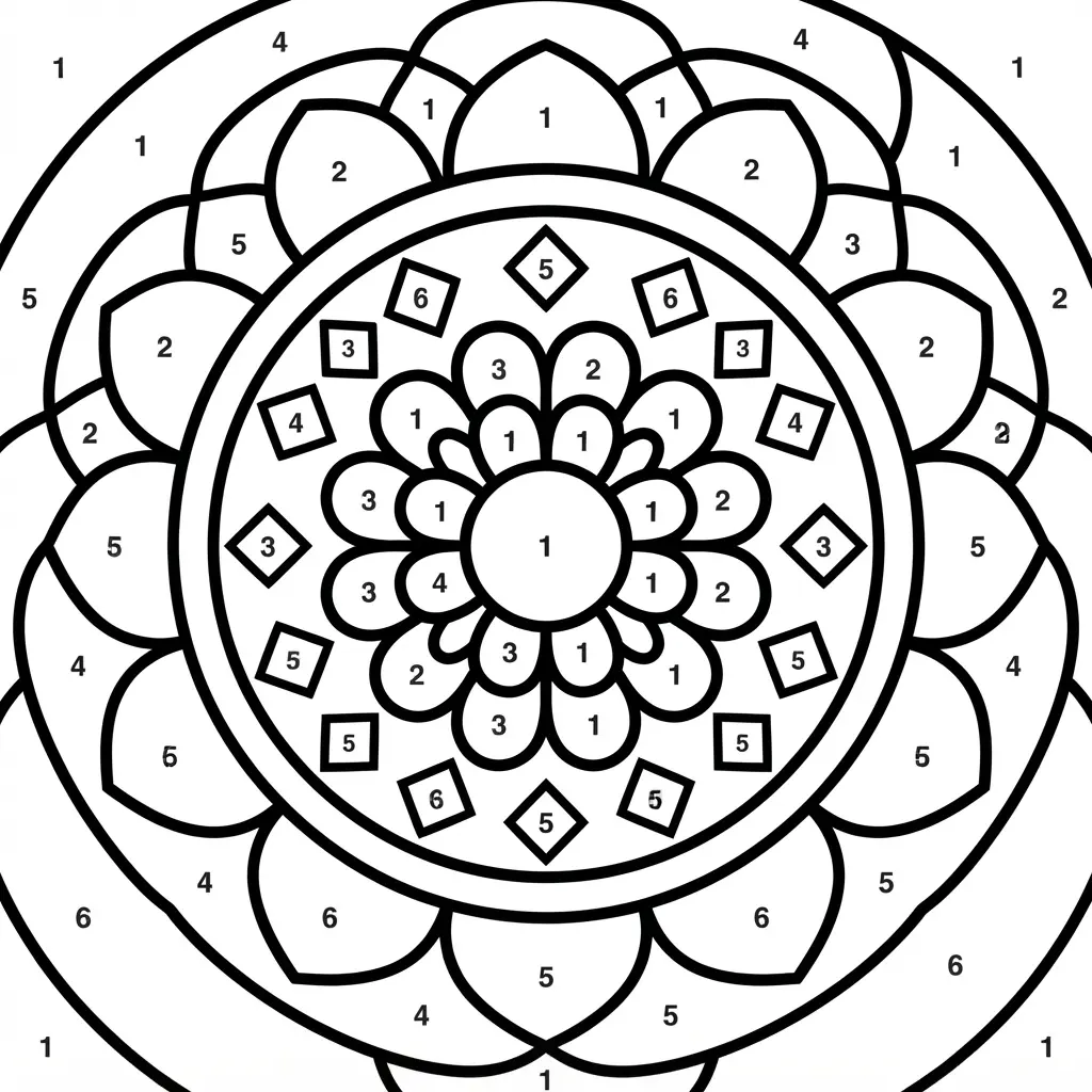 Color by number printables featuring a geometric mandala with bold rings, repeated shapes, and numbered sections.