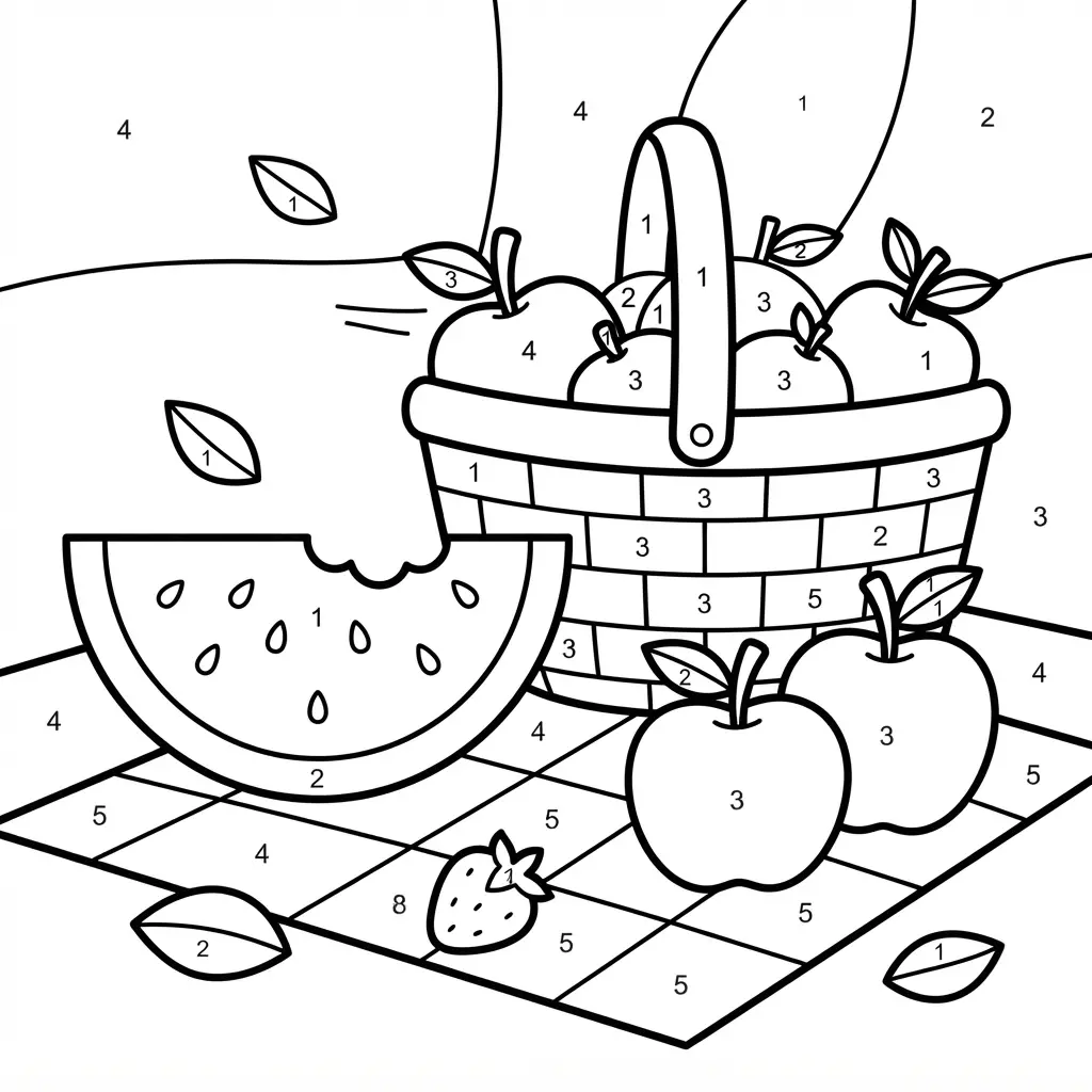 Summer fruit picnic illustration with watermelon, apples, a basket, and large numbered areas for coloring.