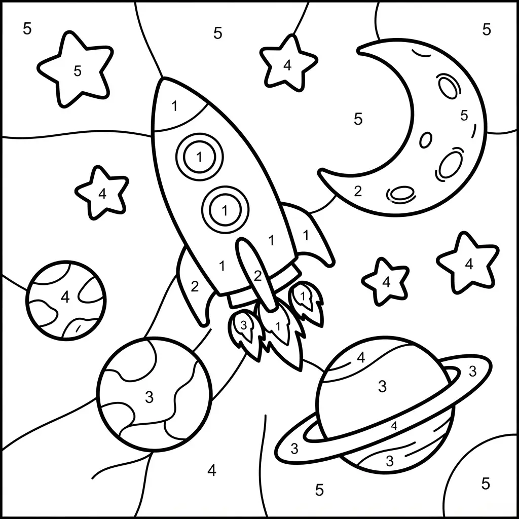 Color by number printables showing a rocket ship, moon, and planets with bold outlines and simple numbered regions.