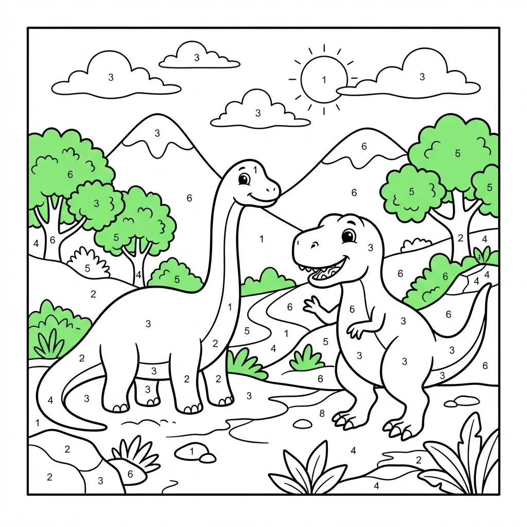 Classic dinosaur landscape with two dinosaurs, mountains, and trees in a clean numbered coloring page.