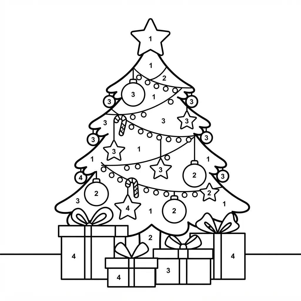 Color by number printables featuring holiday gifts, ornaments, and a decorated tree with clear section numbers.