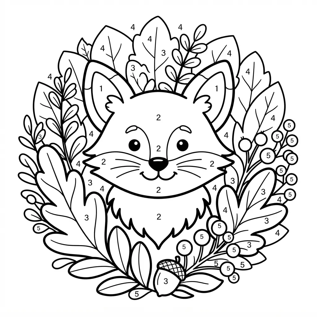 Friendly woodland creature portrait showing a fox, leaves, and rounded numbered sections for young colorers.