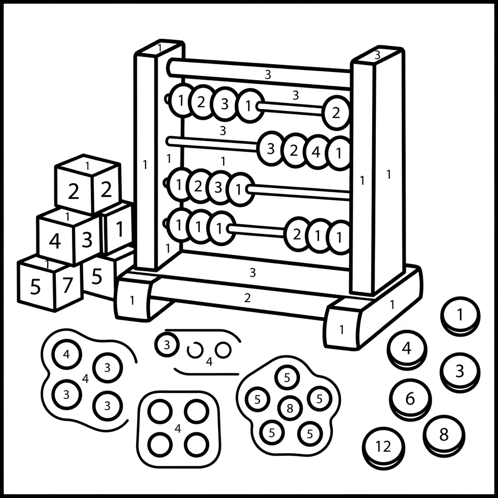 Color by number printables with simple math problems, a color key, and bold answer sections for children.