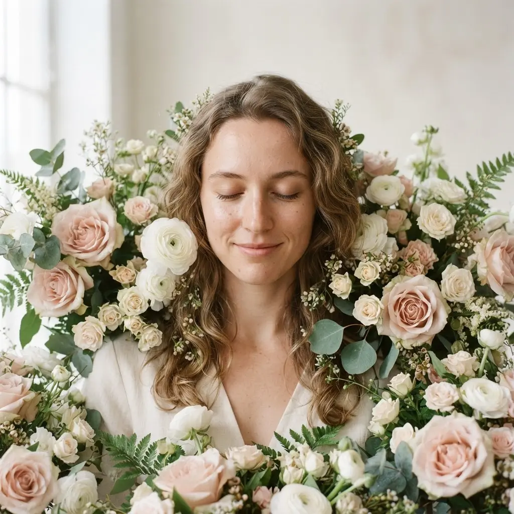 Serene person framed by fresh flowers in a softly lit indoor portrait scene.