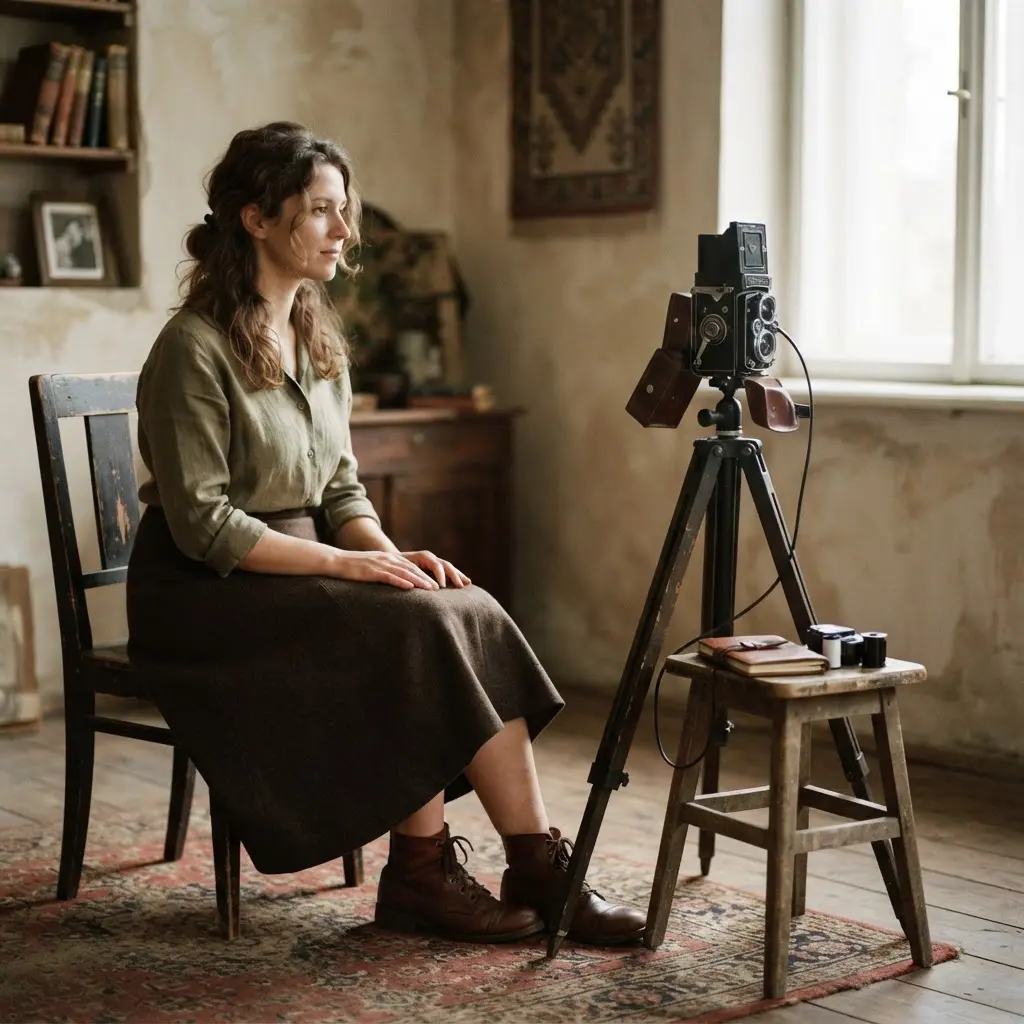 Person holding an old camera beside a wooden chair in a warm vintage-styled room.