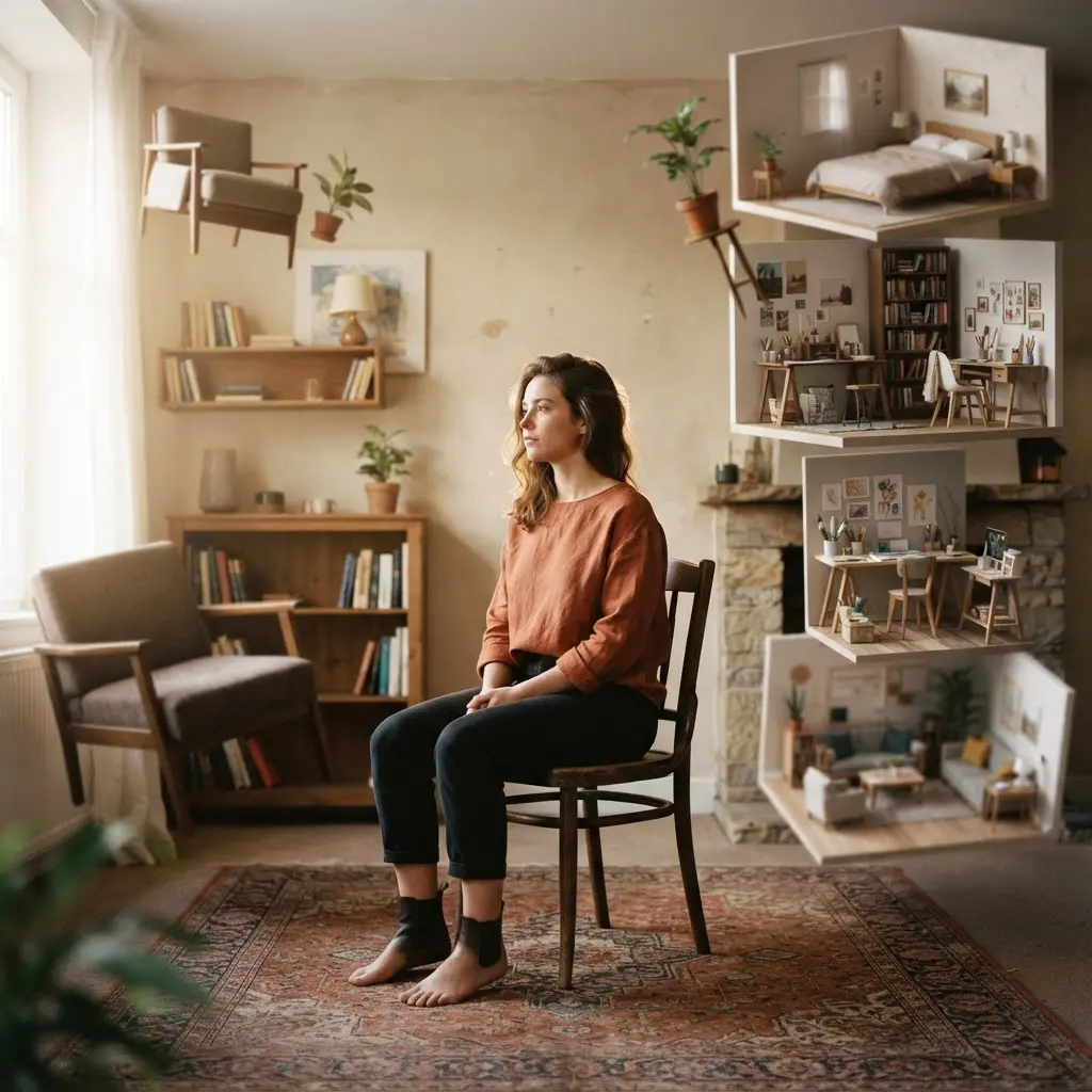 Person seated in a room with layered household scenes arranged into a surreal composite.