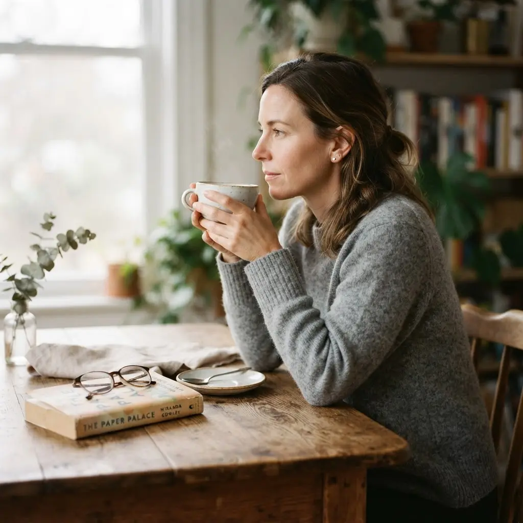 Person holding a white teacup near the face with simple objects arranged on a table.