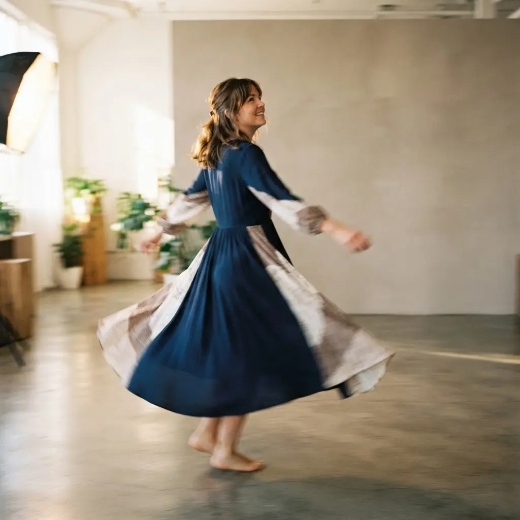 Person turning quickly across a room with flowing clothing and visible motion blur.