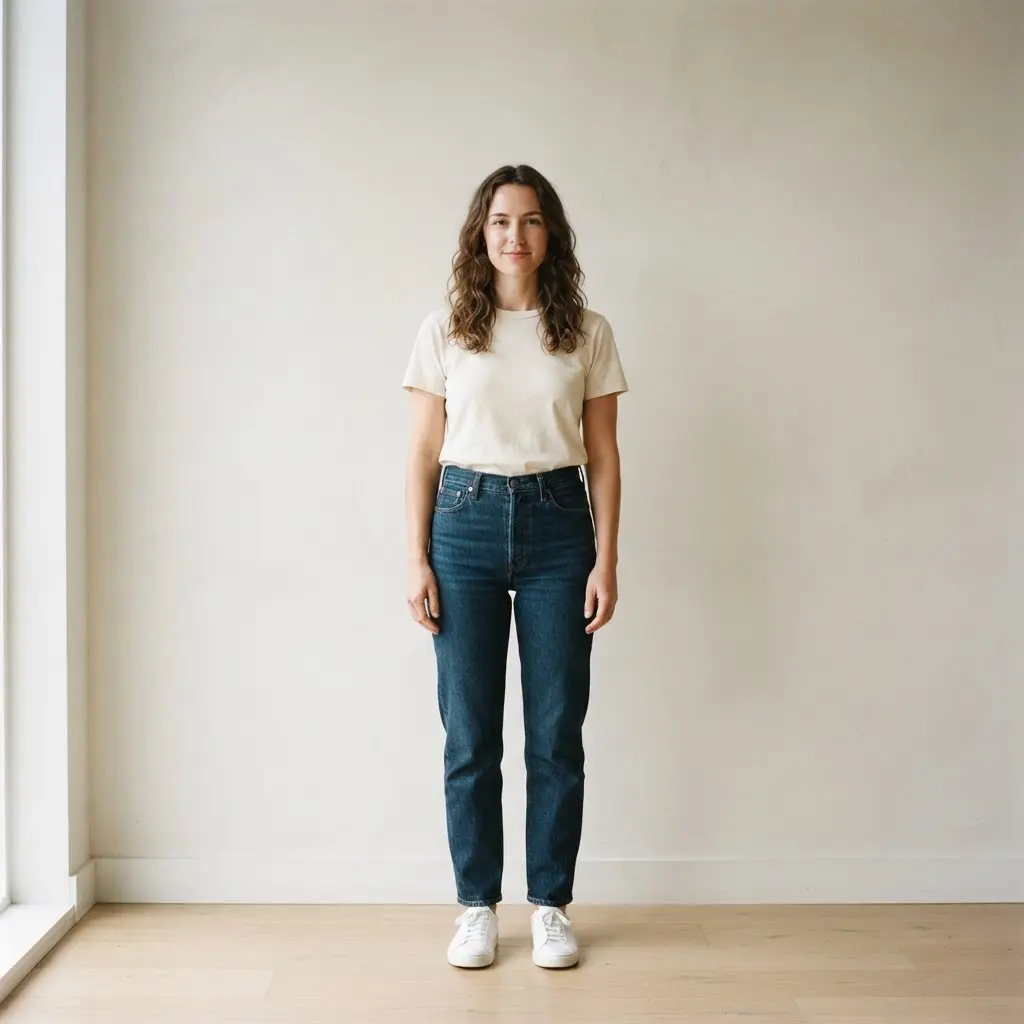 Person standing against a plain light wall with soft even lighting and simple styling.