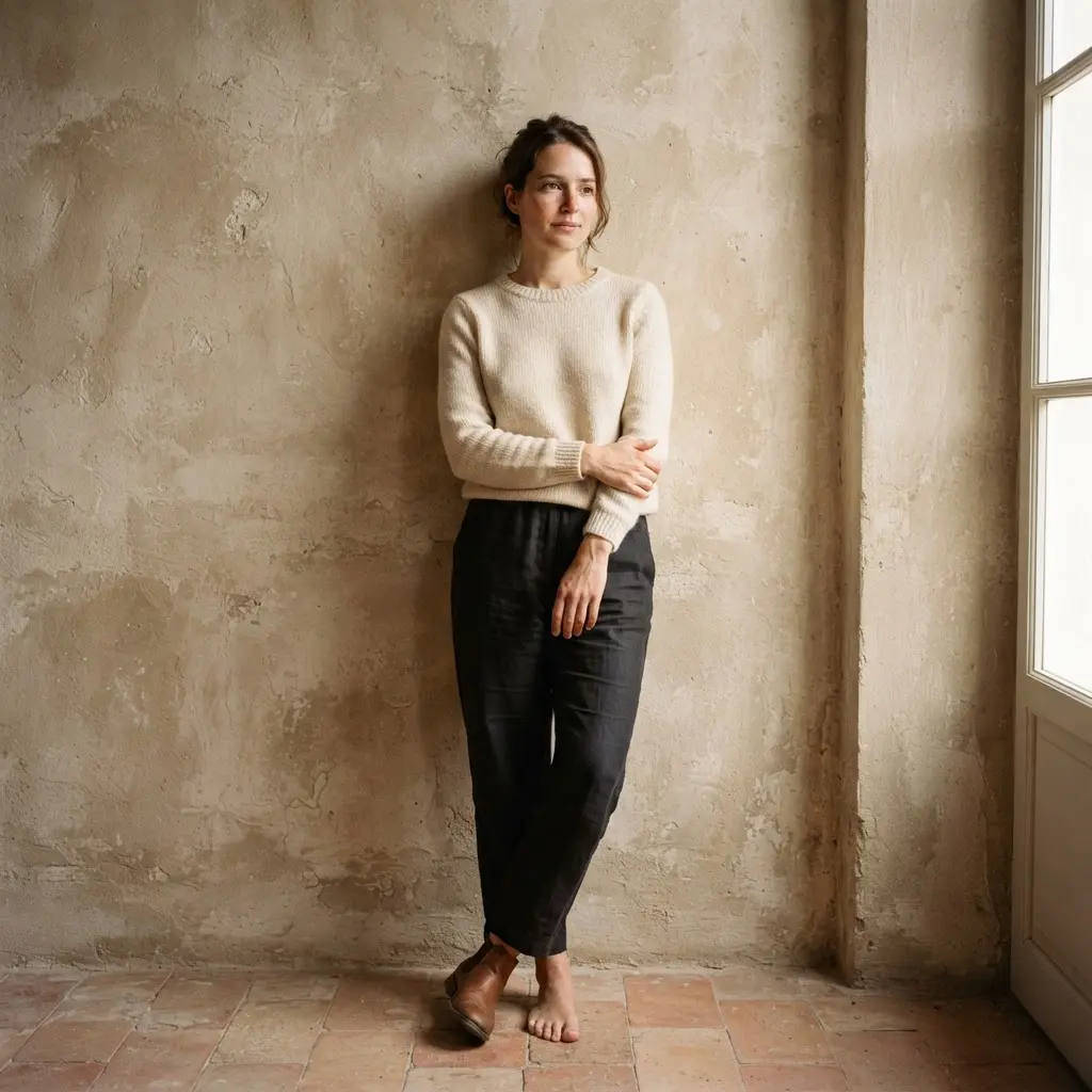 Person leaning near a textured plaster wall while soft side light falls across the face.