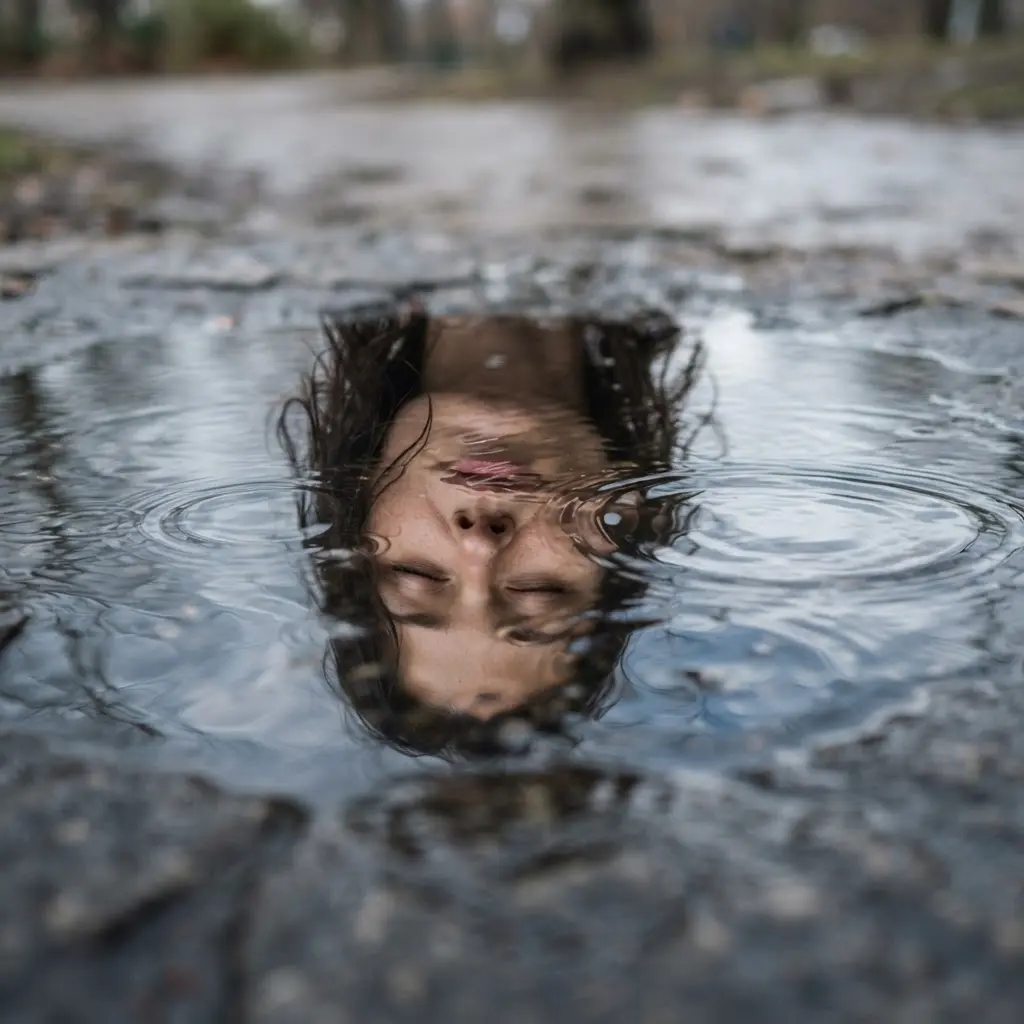 Face reflected across a shallow water surface with ripples distorting the features.