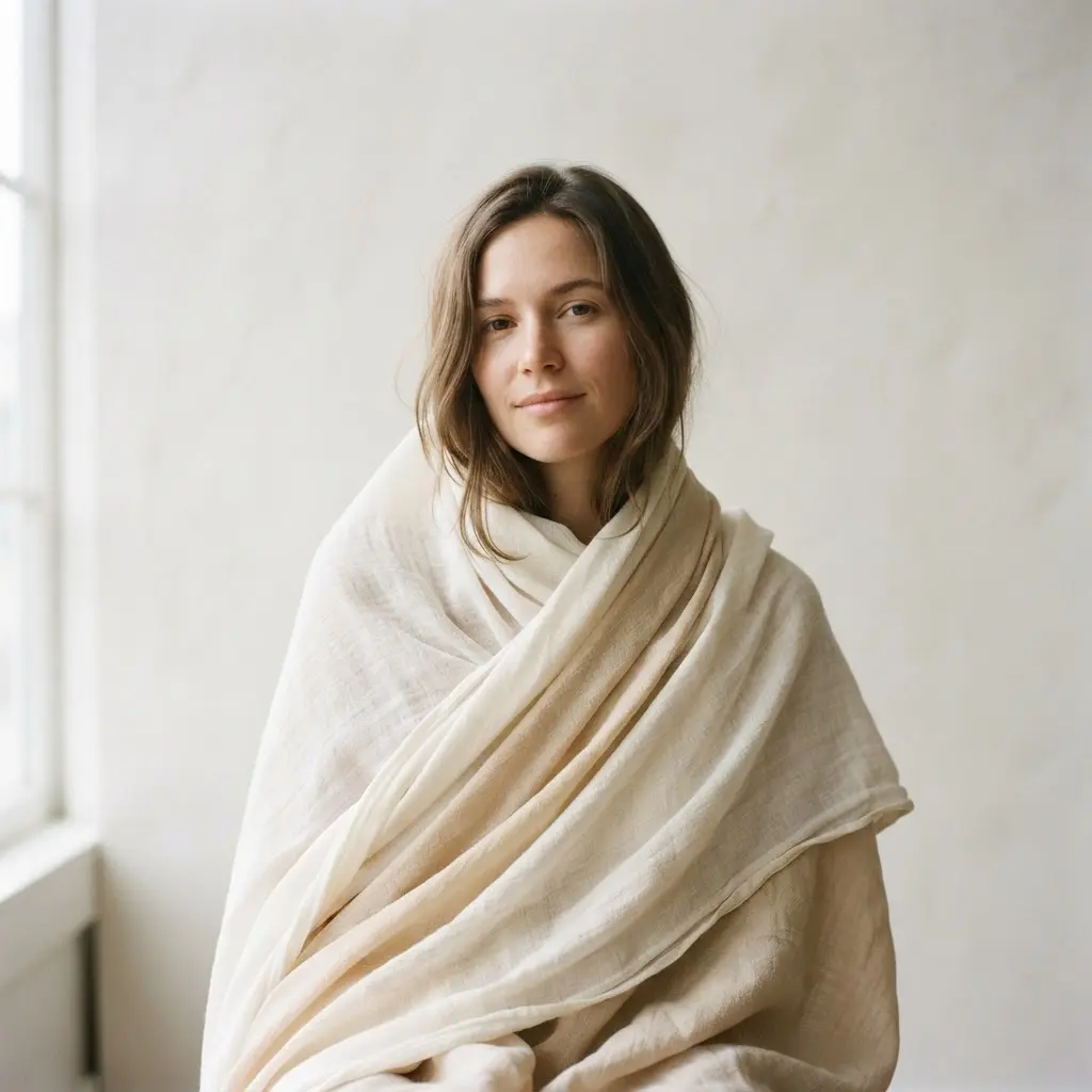 Person wrapped in pale fabric with loose folds surrounding the face in gentle window light.