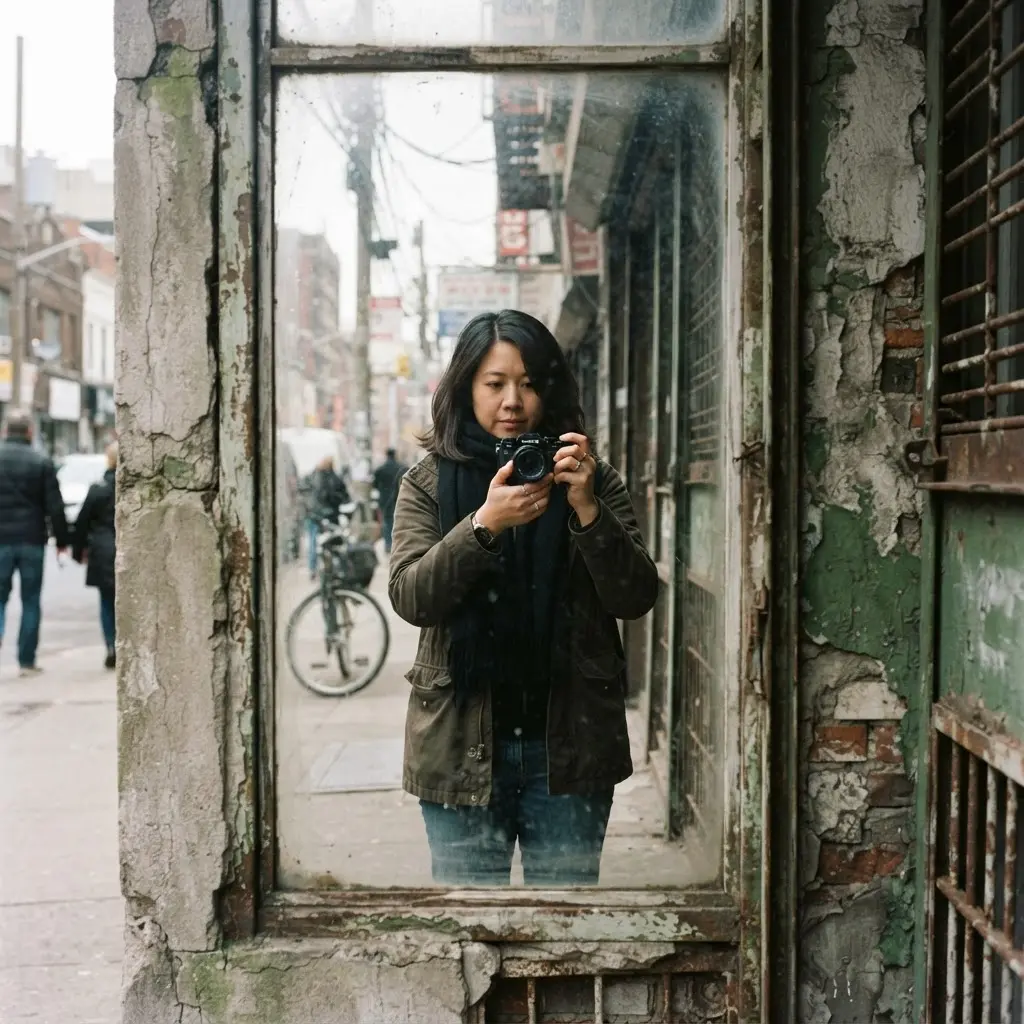 Person reflected in a shop window beside rough urban textures for DIY self portrait photography ideas.
