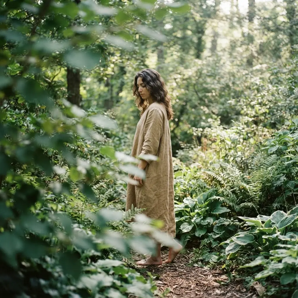 Person posing among leafy plants with blurred greenery surrounding the body.