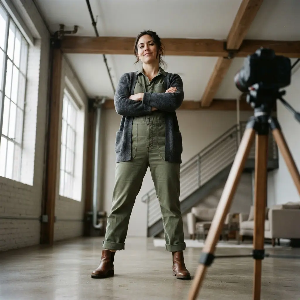 Person photographed from below in a strong stance with the ceiling and room lines behind them.