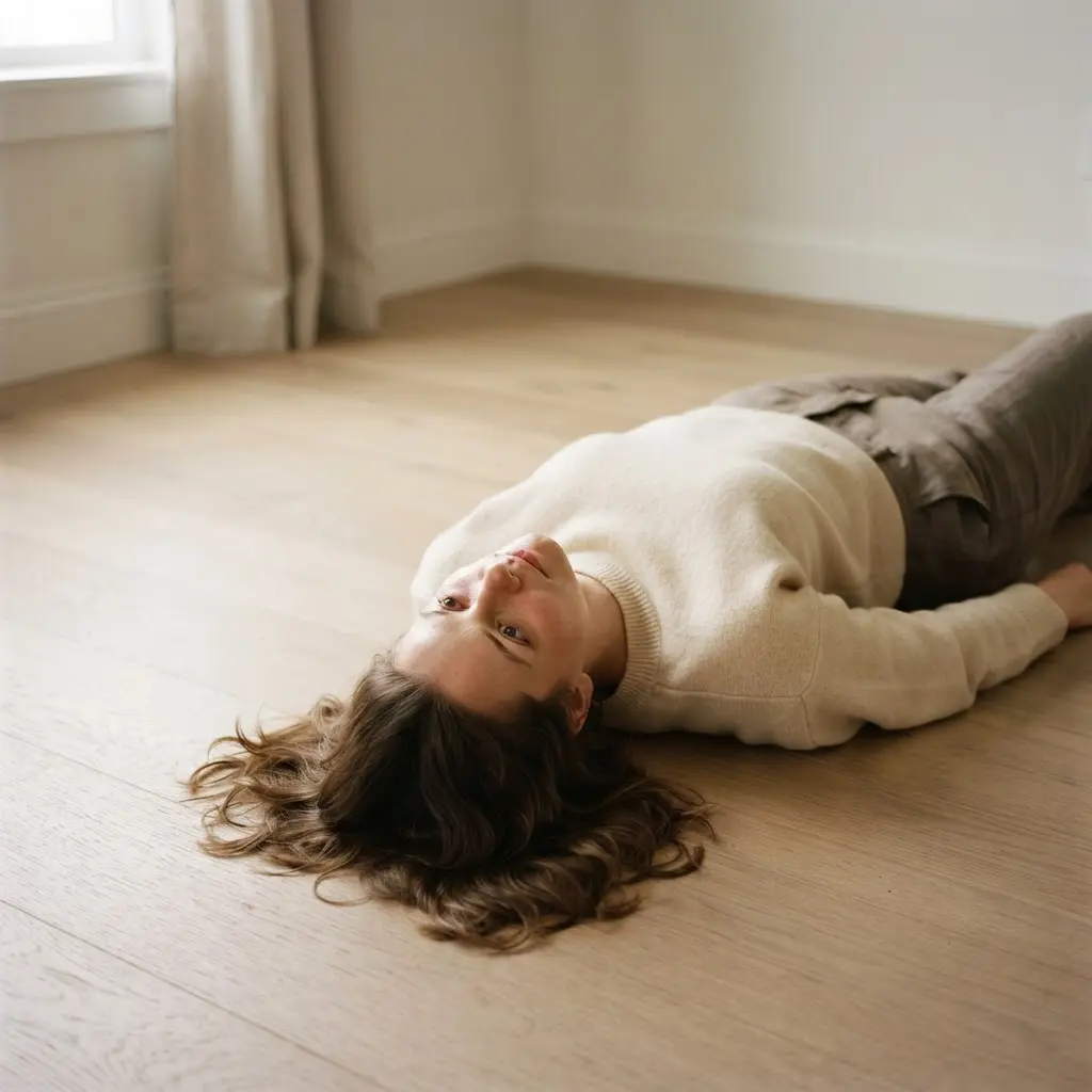 Person looking upward from a quiet room floor while the camera views the face from above.