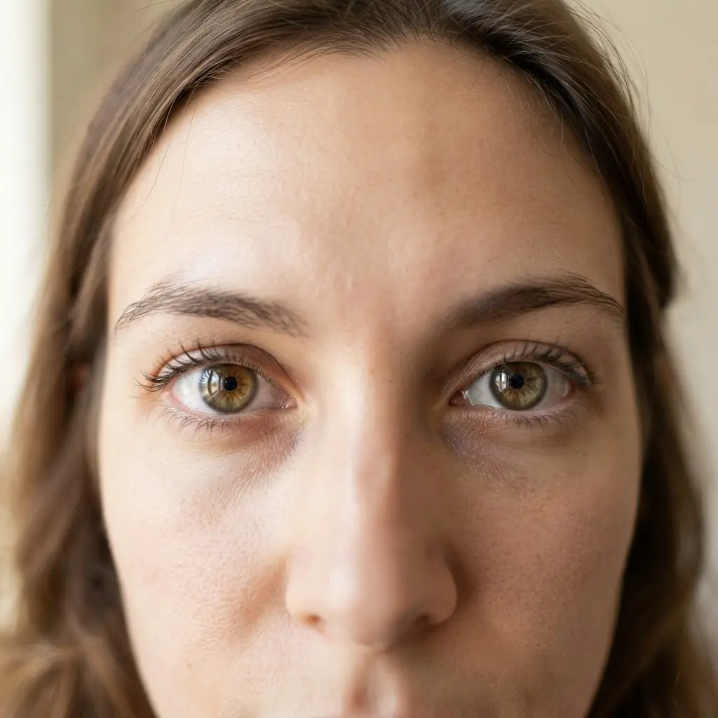 Close-up face with expressive eyes, soft window light, and detailed natural skin tones.