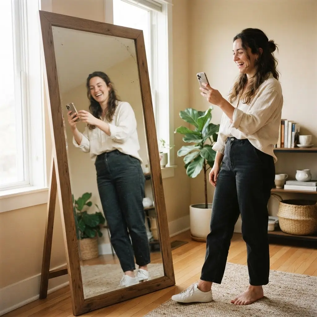 Person making a playful pose before a mirror while the camera captures both reflections.