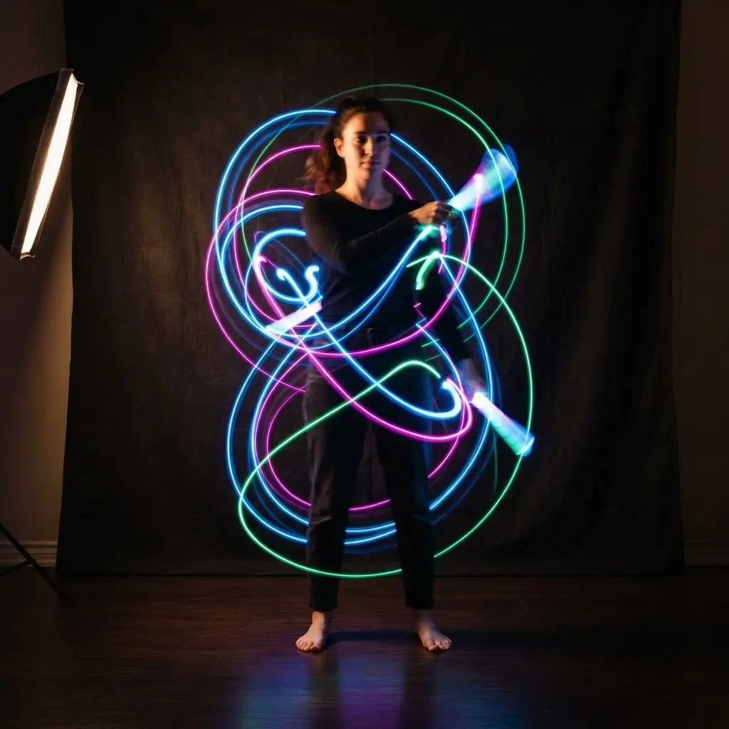 Person standing in a dark room with colorful light trails forming lines around the body.