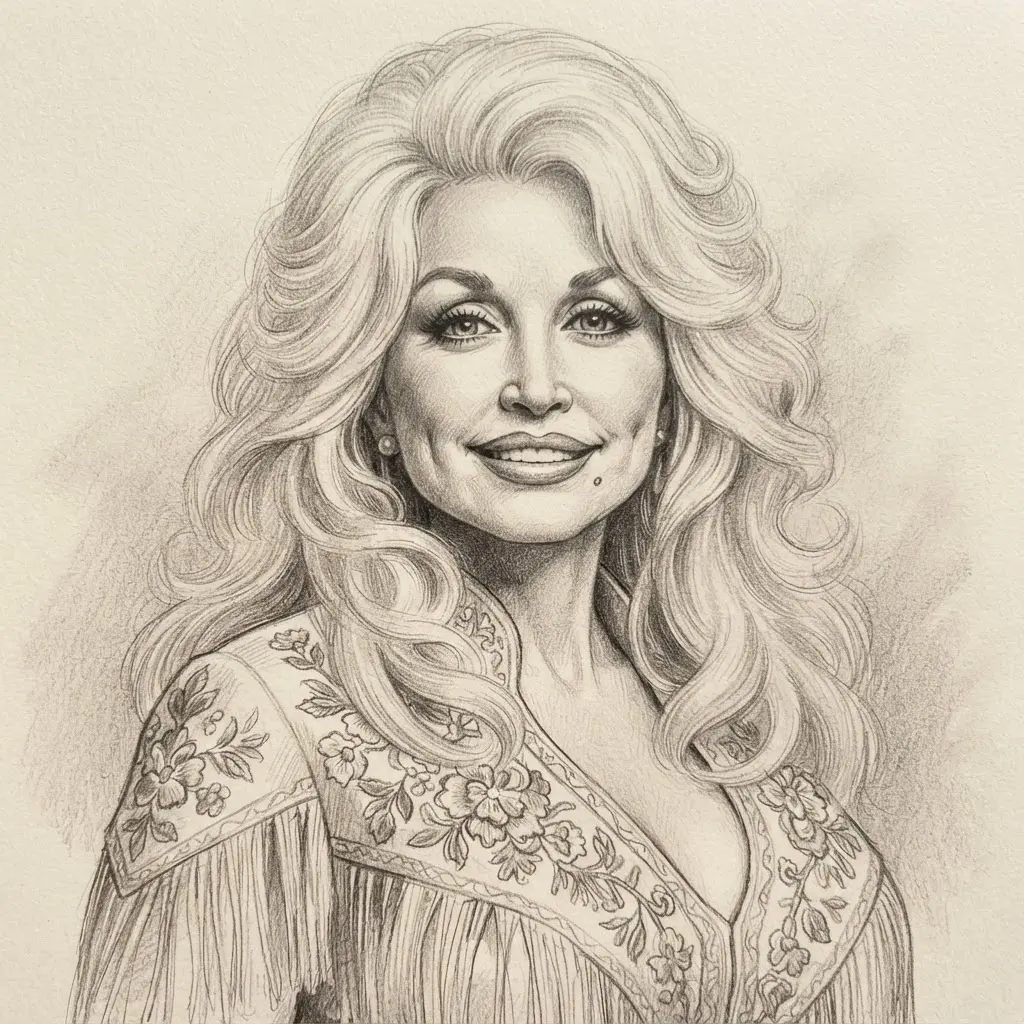 Graphite Dolly Parton drawing ideas portrait showing a Jolene era gown, flowing hair, and expressive eyes.