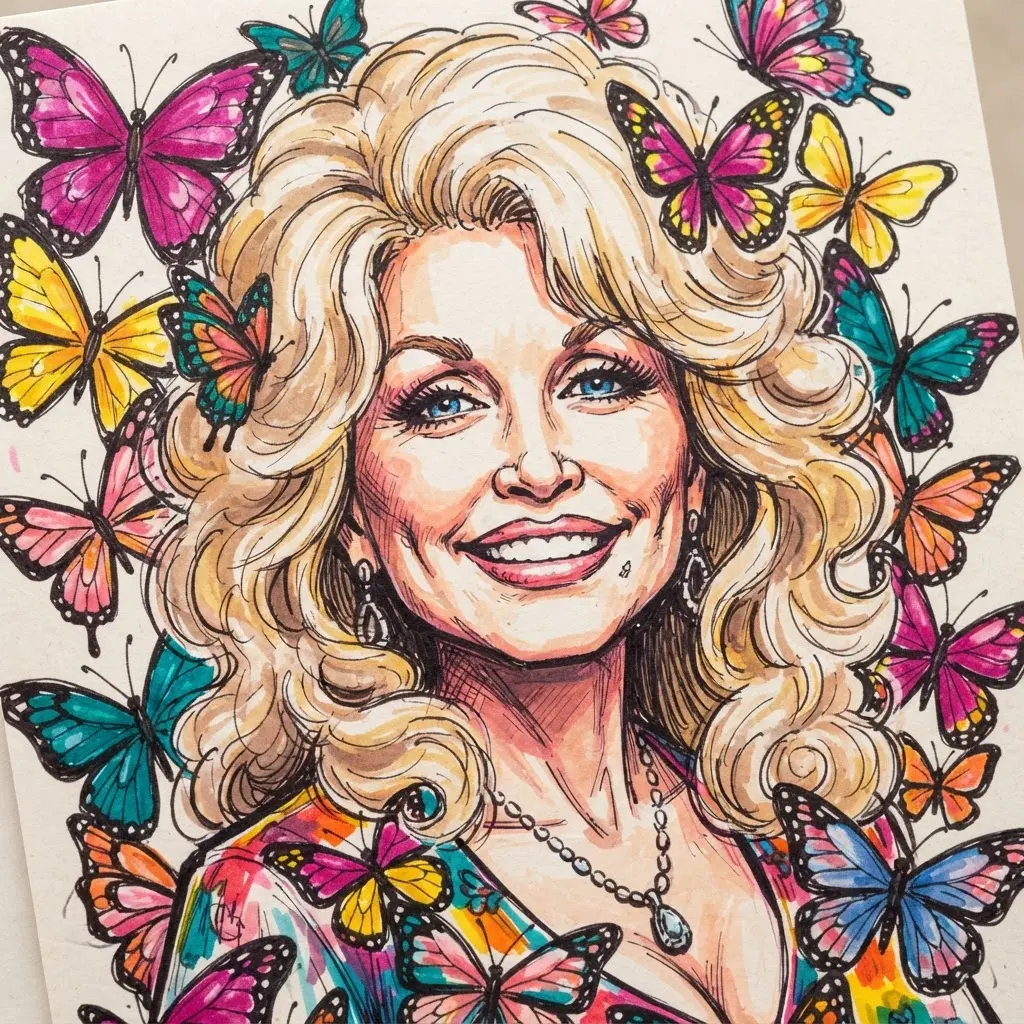 Marker Dolly Parton drawing ideas sketch showing a smiling face framed by butterflies and soft curls.