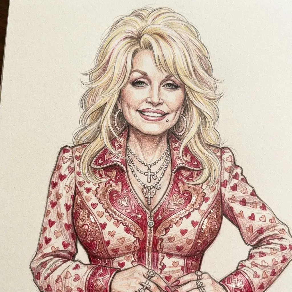 Colored pencil Dolly Parton drawing ideas sketch showing a heart patterned outfit with jewelry and high hair.
