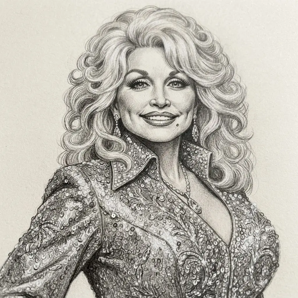 Graphite Dolly Parton drawing ideas study showing a glittering sequin outfit, earrings, and curled hair.