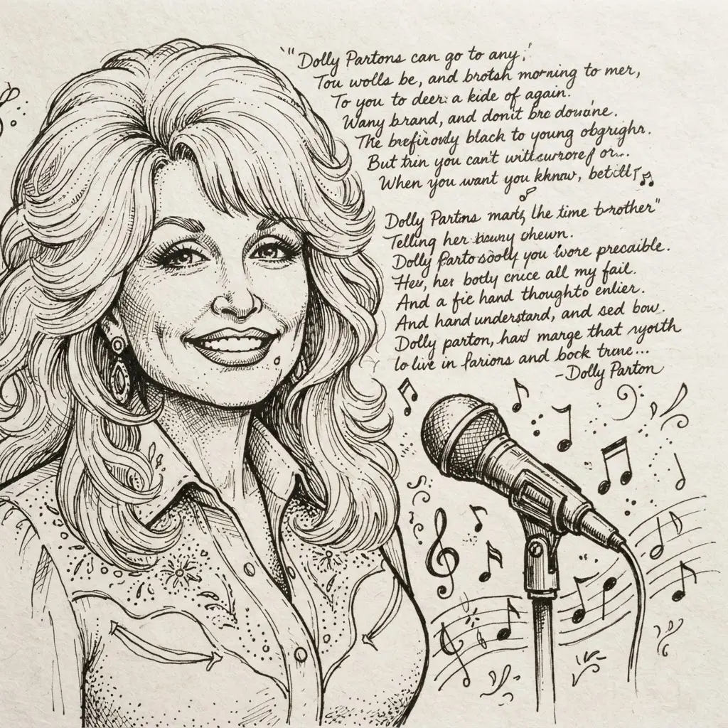 Ink Dolly Parton drawing ideas portrait beside handwritten song lyrics, a microphone, and small music notes.