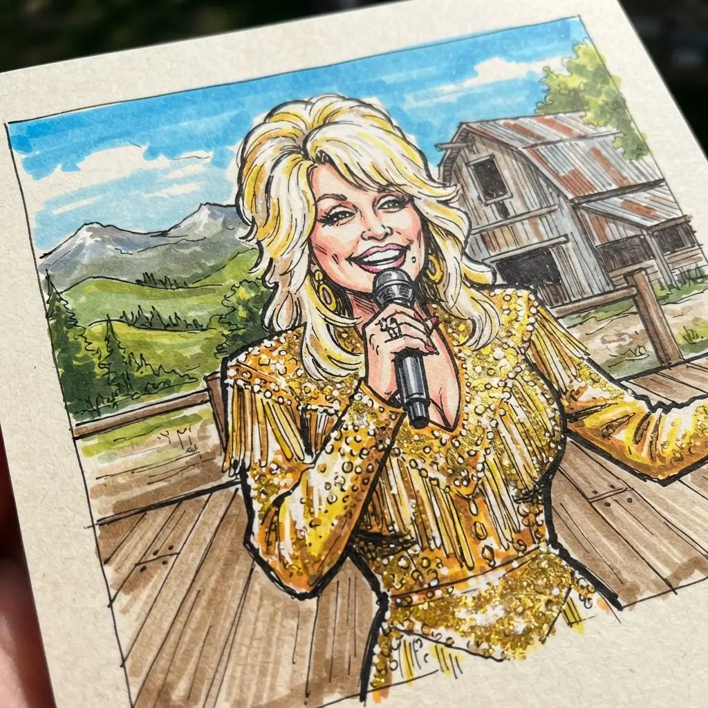 Marker illustration showing Dolly in a sparkling outfit beside a rustic country setting.