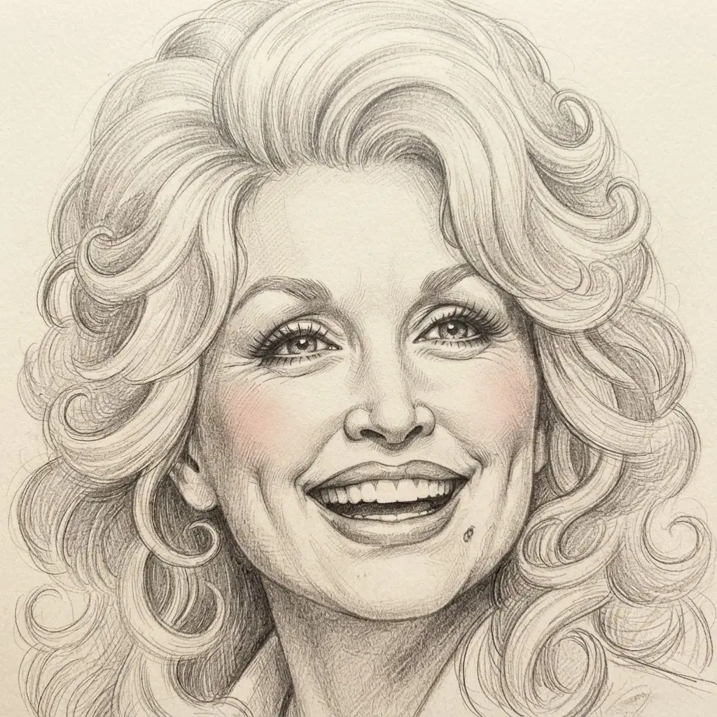 Graphite close-up portrait showing bright eyes, a broad smile, curled hair, and softly shaded cheeks.