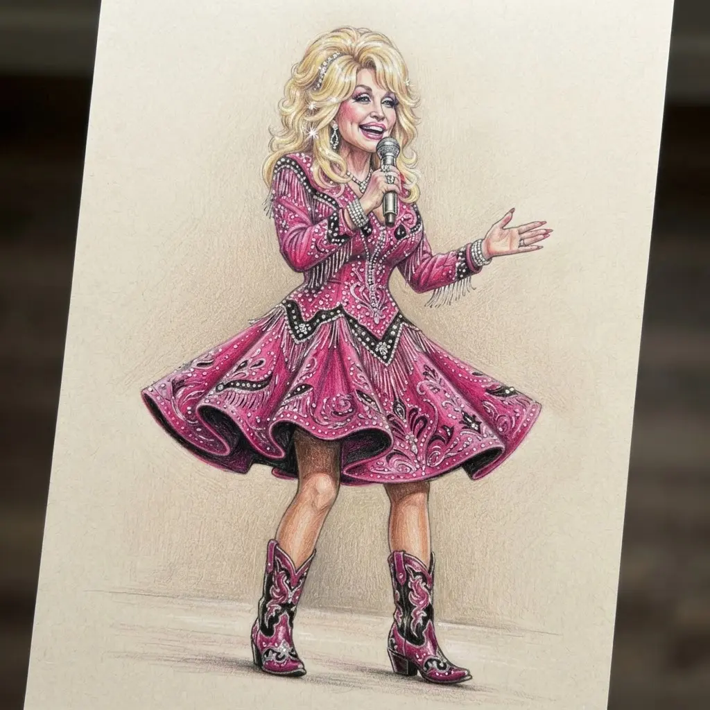 Colored pencil full body drawing showing a confident fashion pose, flared dress, boots, and jewelry.