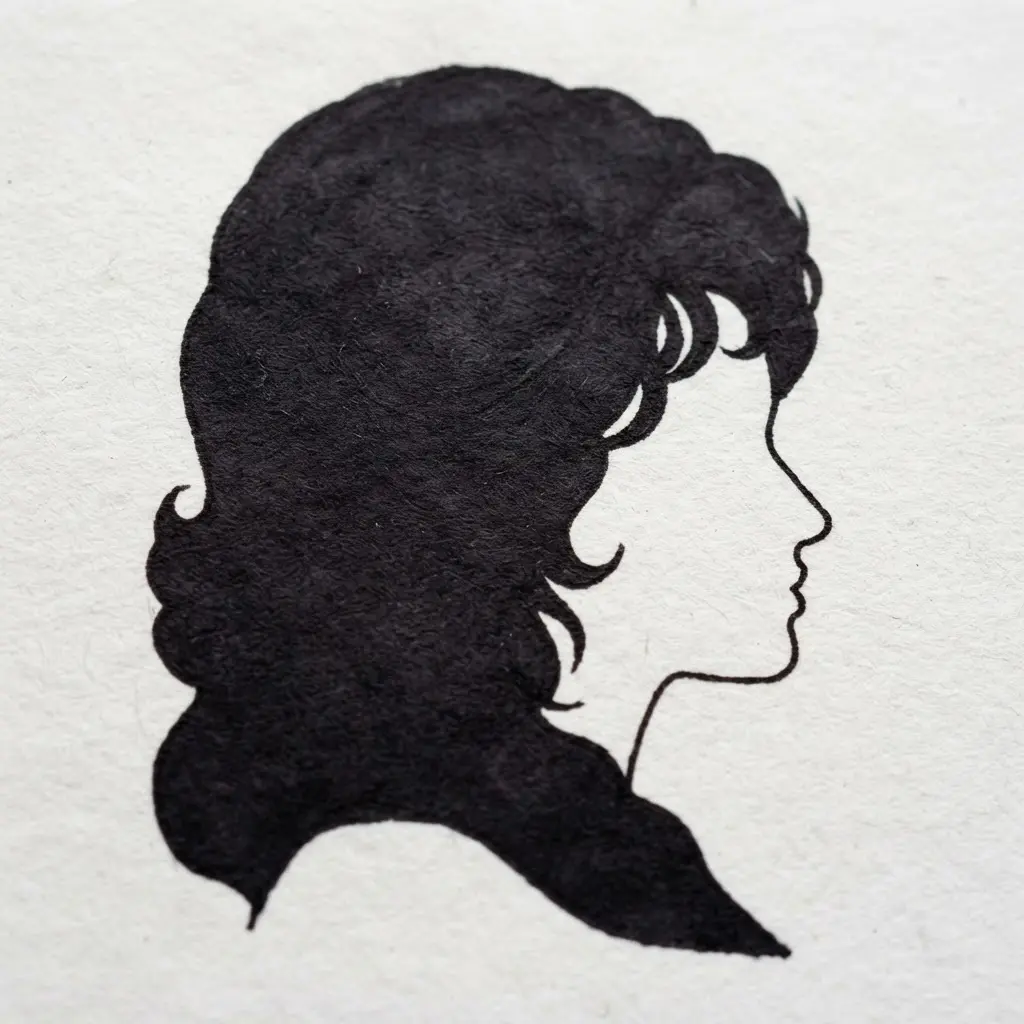 Black ink silhouette showing a tall curled hairstyle with a small side profile and clean contours.
