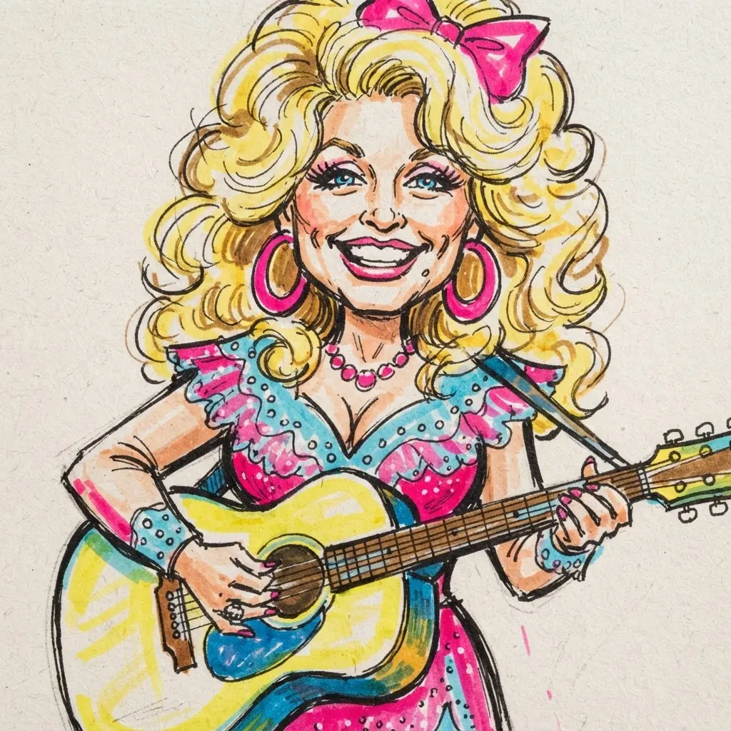 Colored marker caricature showing Dolly with large curls, a wide smile, bright earrings, and a guitar.