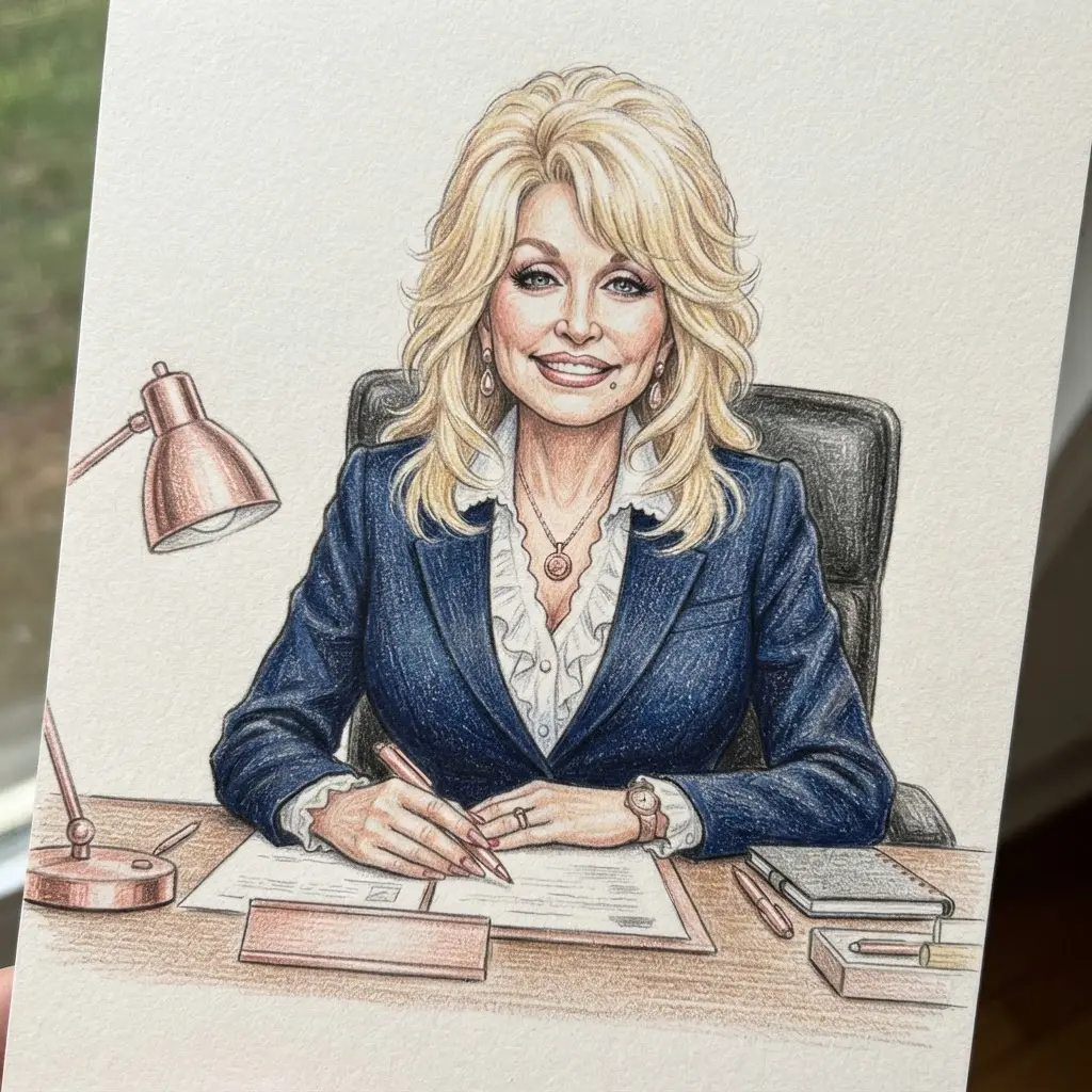 Colored pencil Dolly Parton drawing ideas sketch showing business attire, a neat desk, and a confident pose.