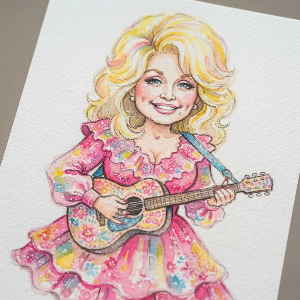 Watercolor cartoon showing Dolly with rounded features, bright hair, a pink dress, and a small guitar.