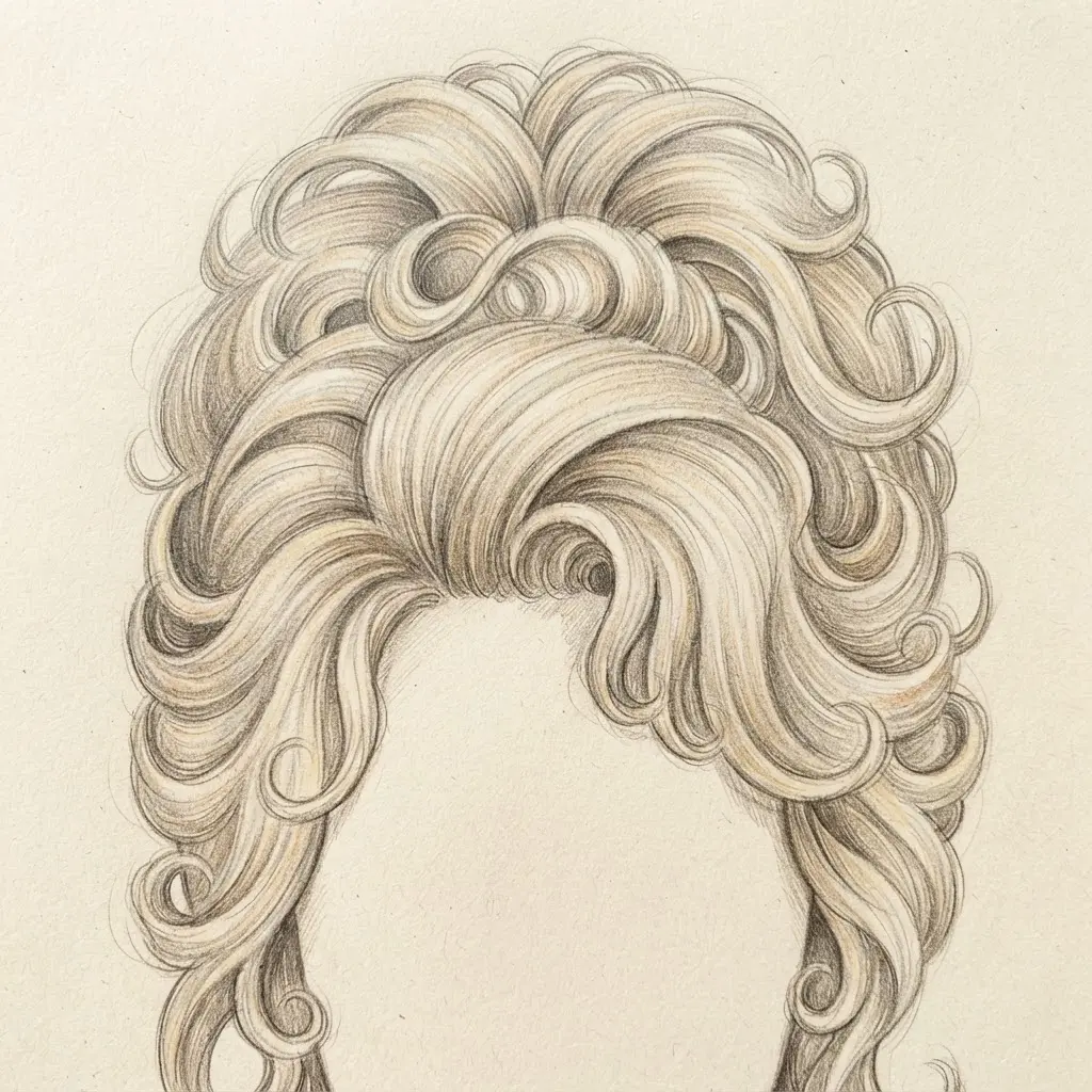 Graphite study showing a tall blonde beehive hairstyle with curled edges and light pencil shading.