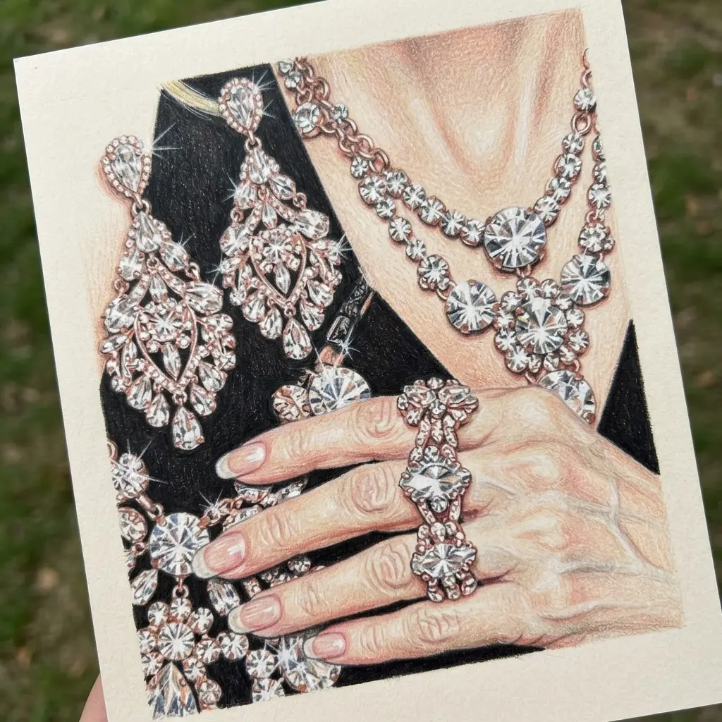 Colored pencil detail showing rhinestone earrings, a necklace, rings, and bright highlights.