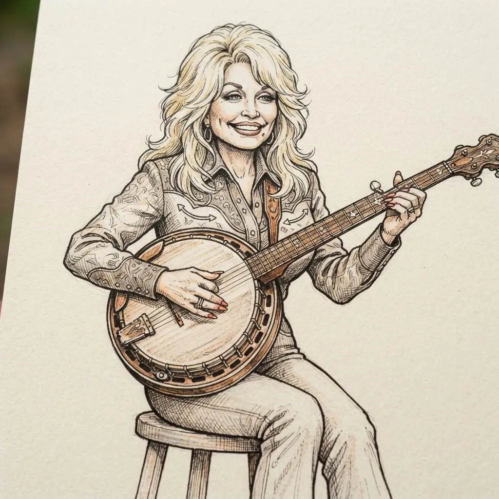 Ink drawing showing Dolly seated with a banjo, one hand on the strings, and a relaxed smile.