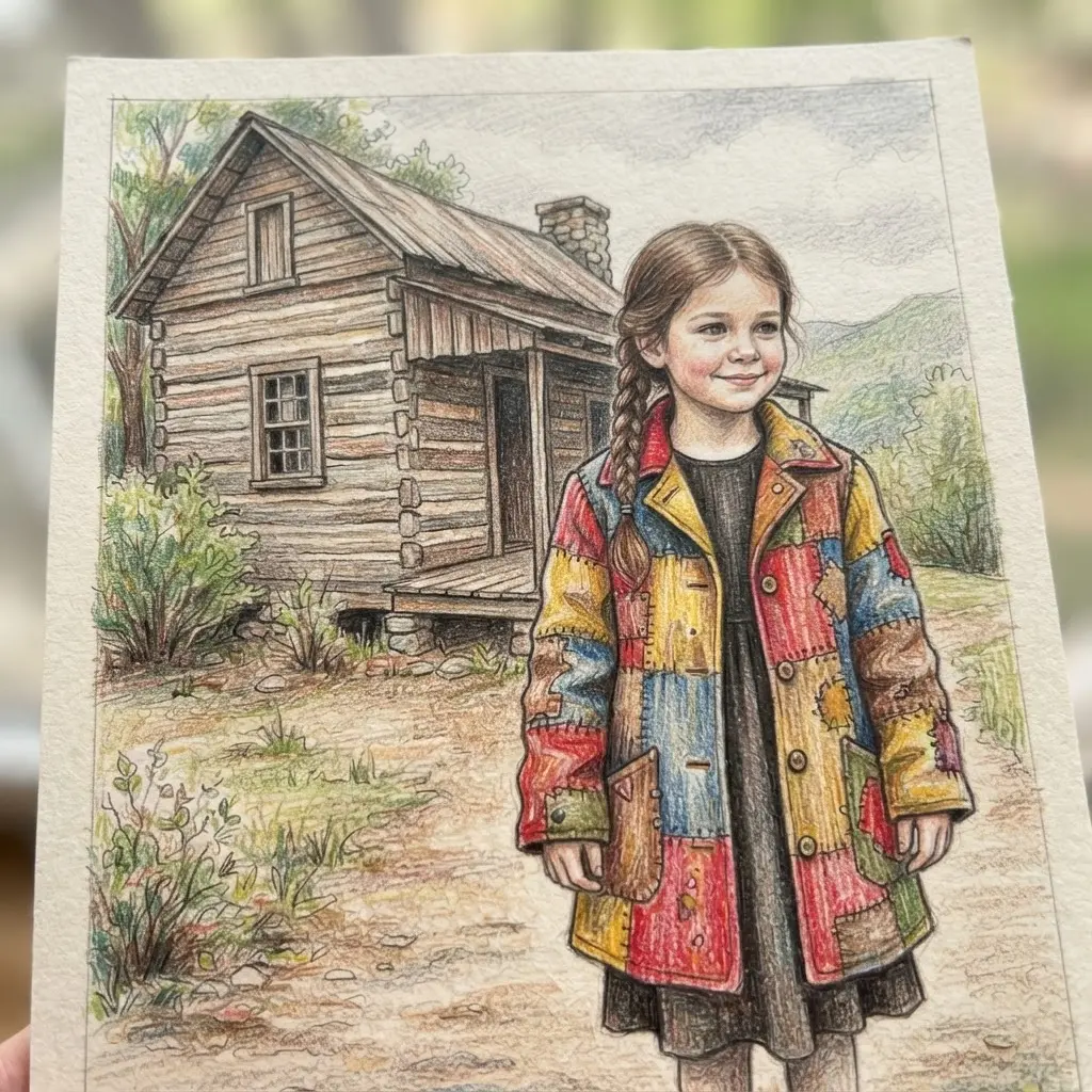 Colored pencil Dolly Parton drawing ideas scene showing a child in a patchwork coat beside a simple home.